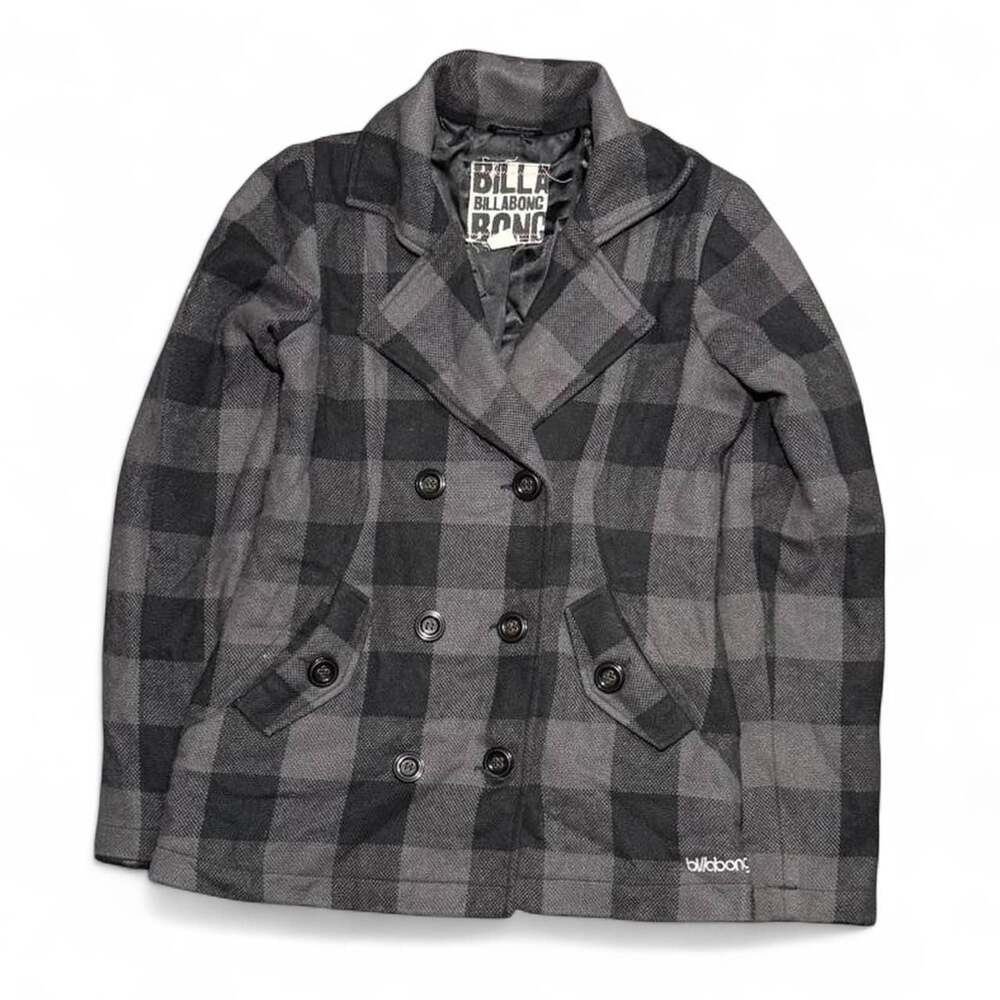 Billabong Gray & Black Buffalo Plaid Double-Breasted Peacoat